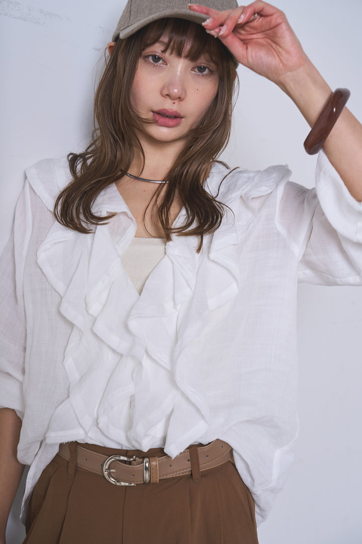 [SET]フリルボタンブラウス+ドライタフタタックバレルパンツ(2set)