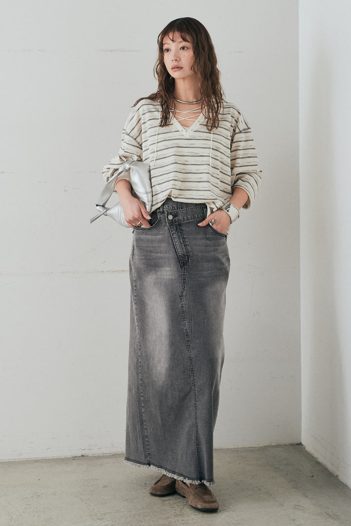 [SET]レースアップワッフルボーダートップス+ウエストクロスデニムタイトスカート(2set)