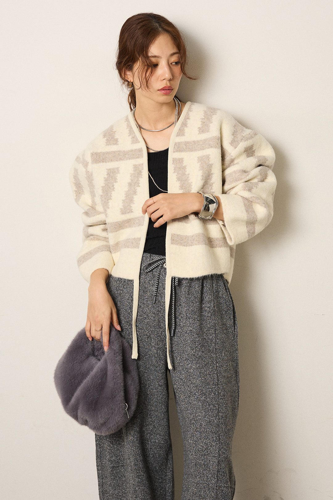 [SET]幾何学柄ノーカラーカーディガン+杢ニットフレアパンツ(2set)