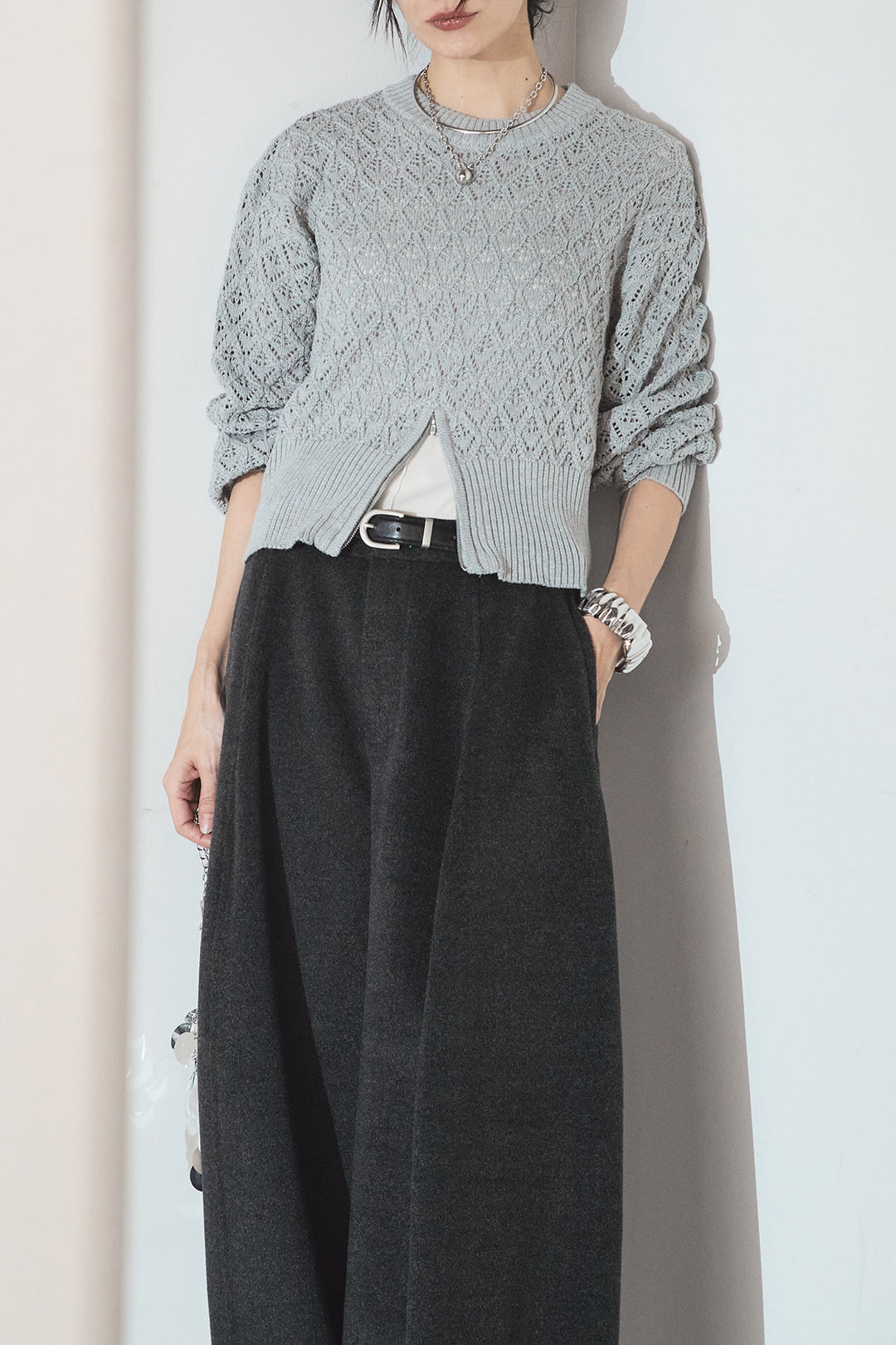 [SET]透かし編みニットジップスリットプルオーバー+ウールタッチカーブワイドパンツ(2set)