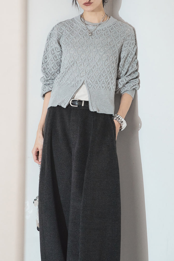 [SET]透かし編みニットジップスリットプルオーバー+ウールタッチカーブワイドパンツ(2set)