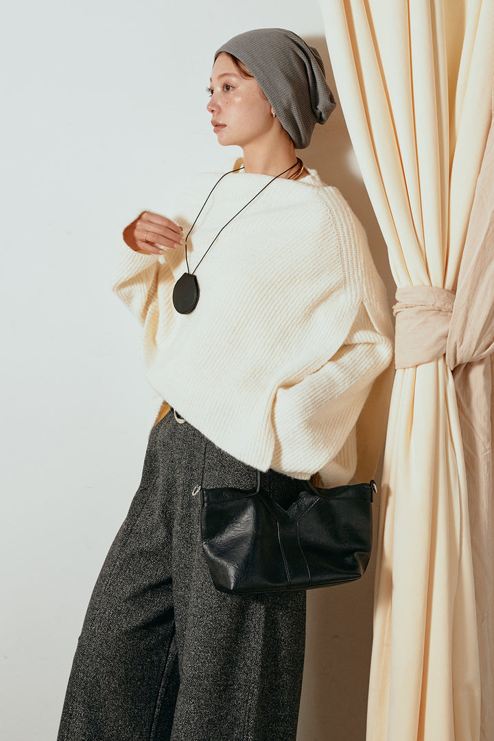 [SET]ケープデザインリブニットトップス+太ベルト付きツイードワイドパンツ(2set)