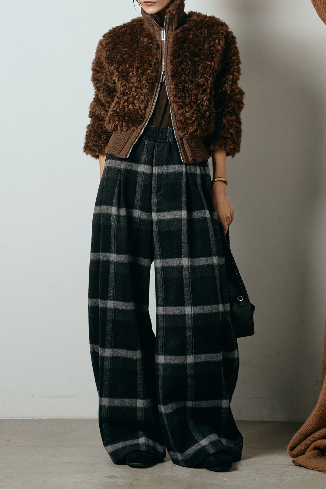 [SET]ハイネックショート丈ボアジップブルゾン+起毛タータンチェック柄ワイドパンツ(2set)
