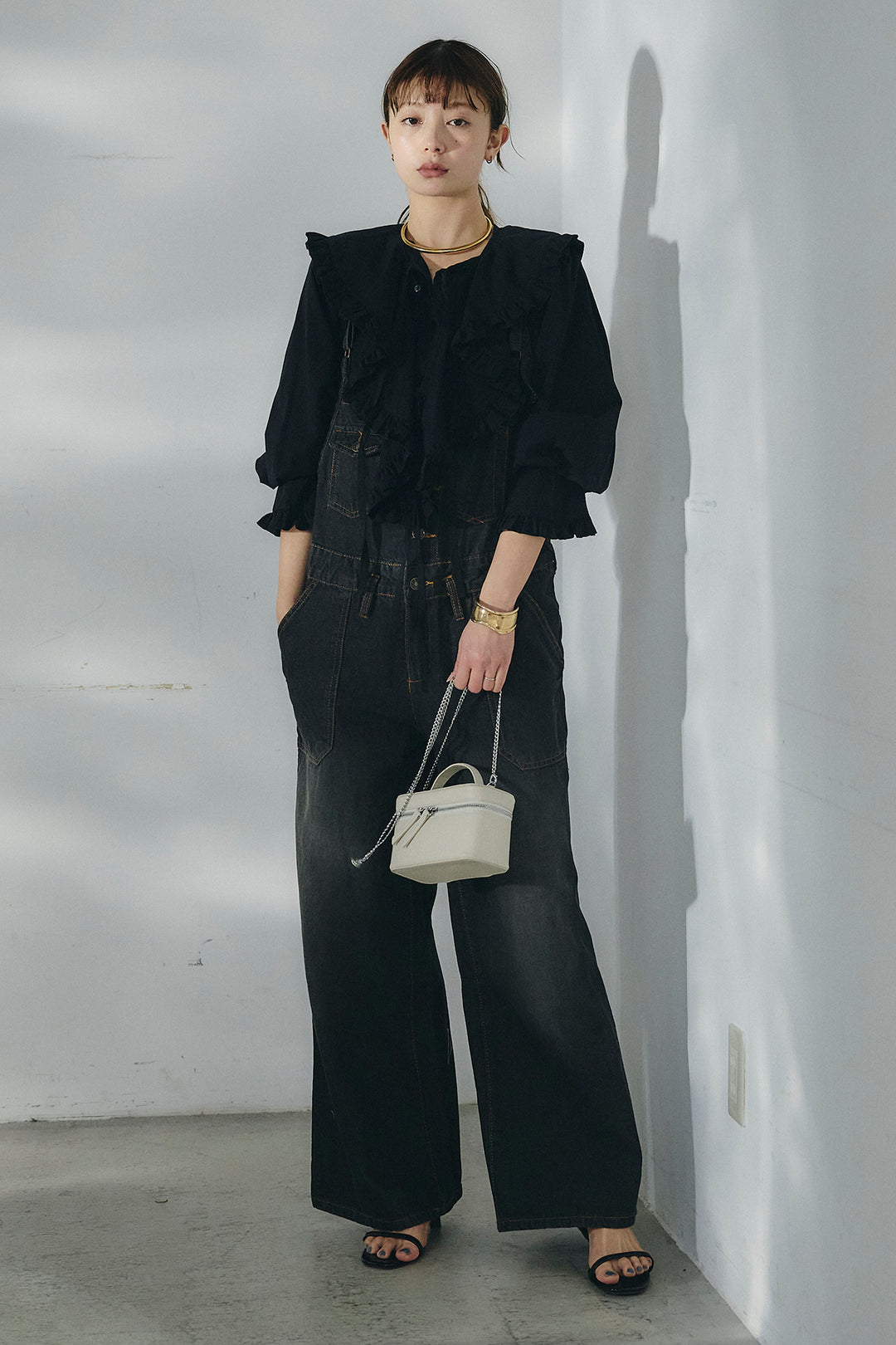 [SET]コットンフリルブラウス+デニムサロペットワイドパンツ(2set)