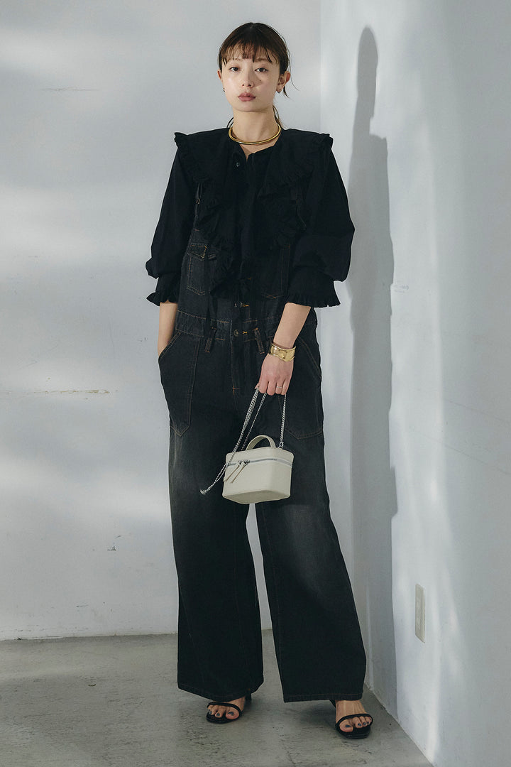 [SET]コットンフリルブラウス+デニムサロペットワイドパンツ(2set)