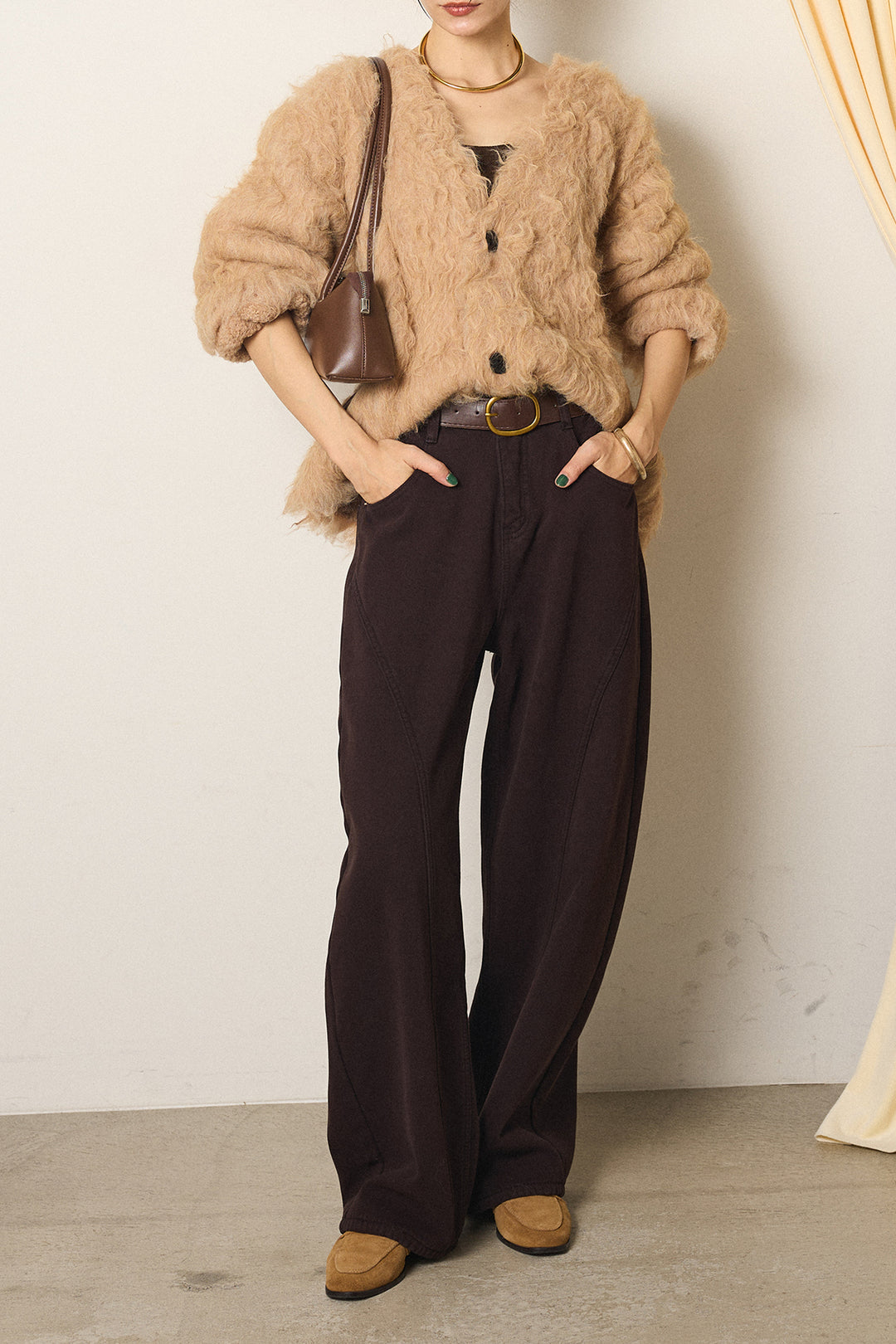 [SET]起毛シャギーニットカーディガン+ベルト付きカジュアルカーブワイドパンツ(2set)