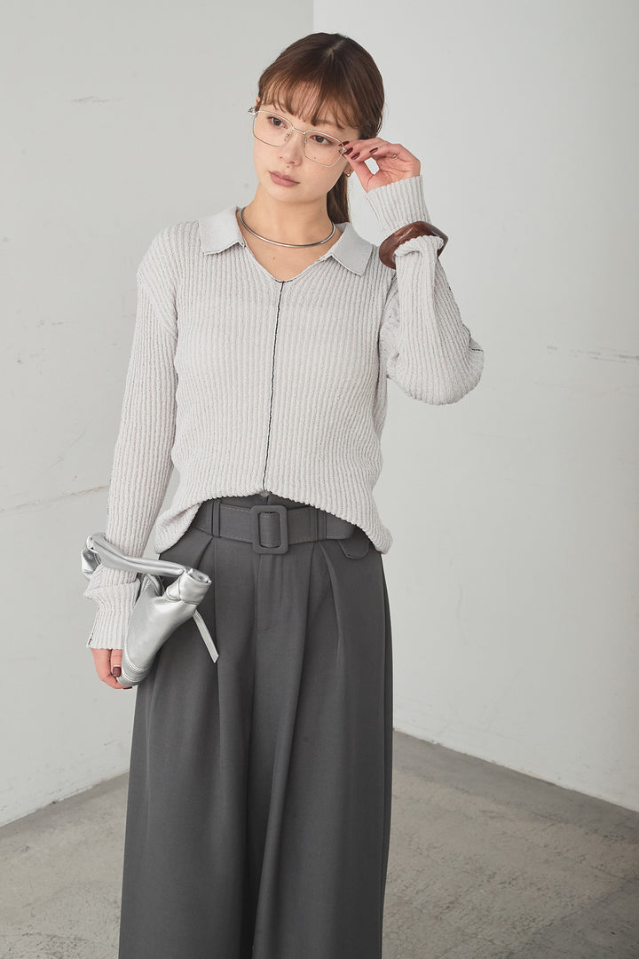 [SET]衿付きニットプルオーバー+ベルト付きツータックワイドパンツ(2set)