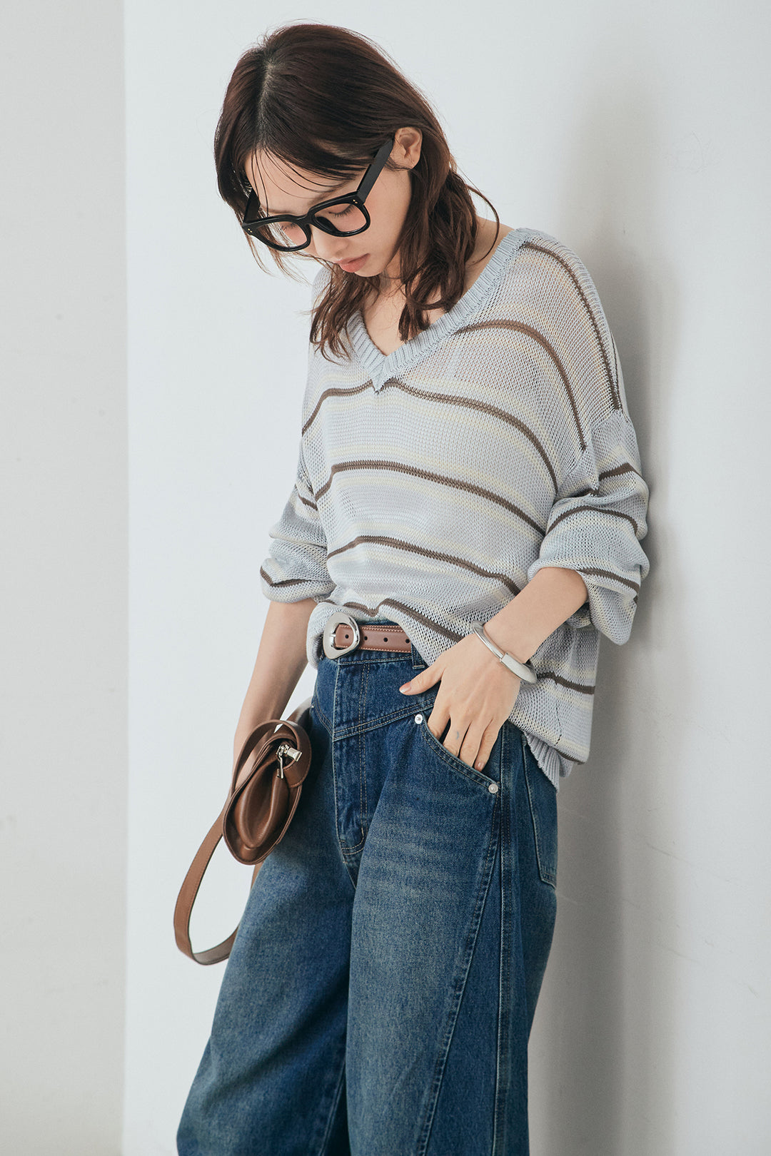 [SET]綿タッチVネックボーダートップス+デニムヨークパンツ(2set)