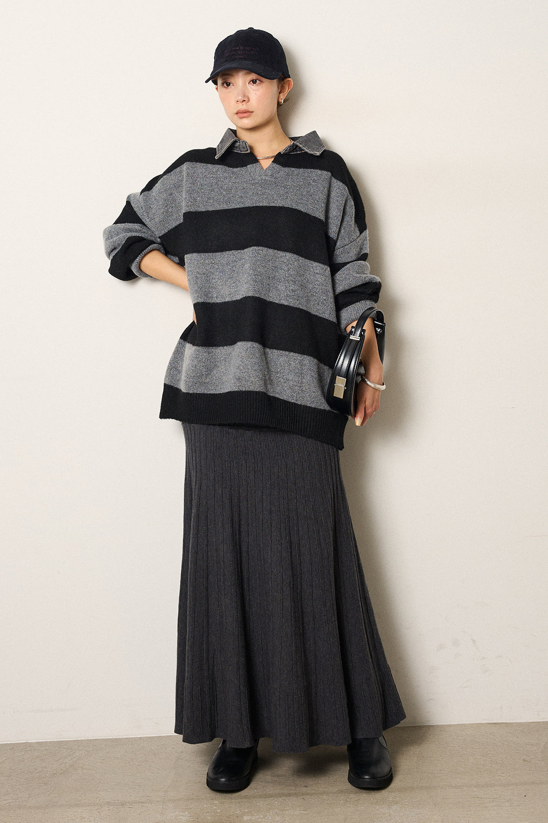 [SET]デニムカラーボーダールーズニット+編み地切り替えフレアニットスカート(2set)