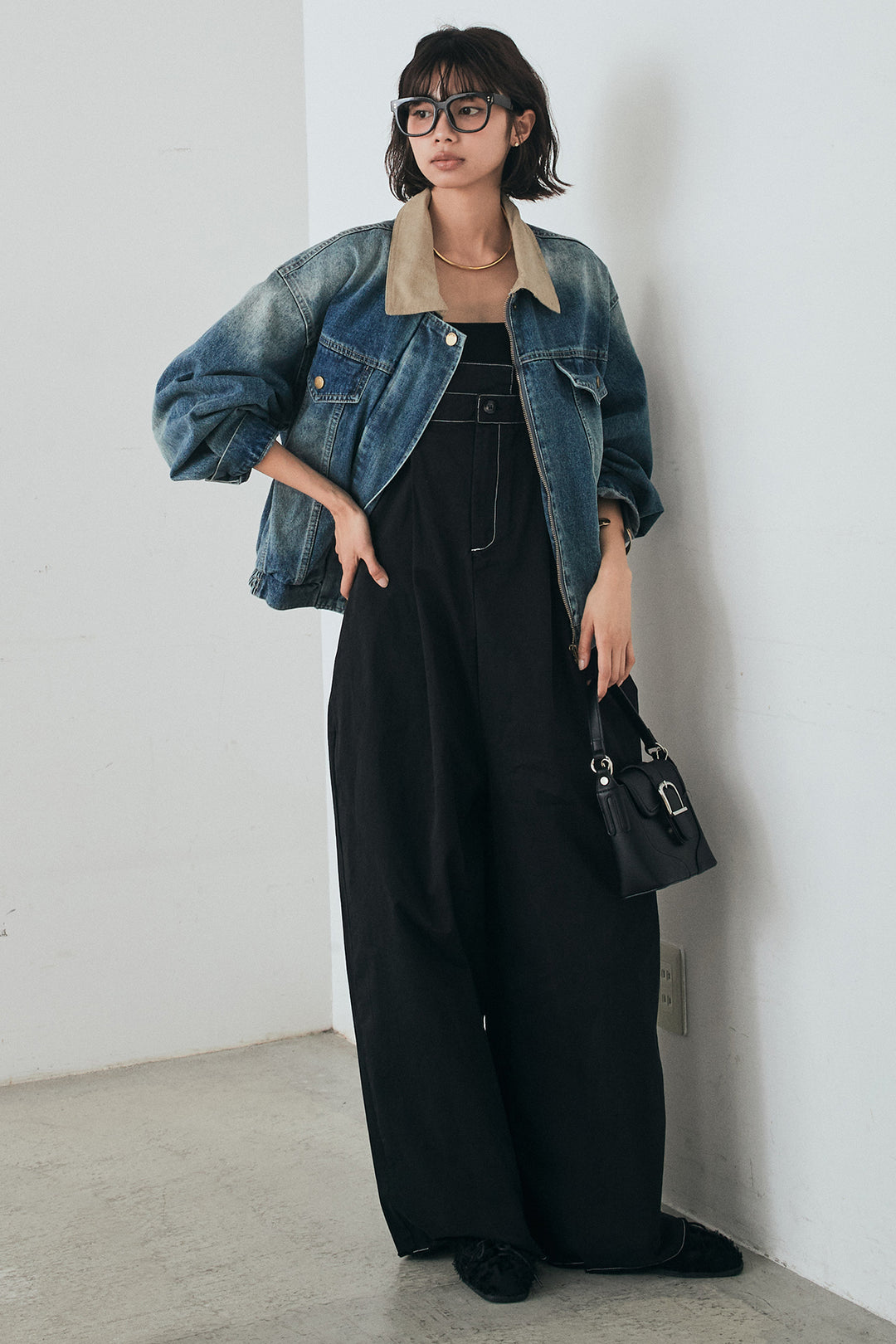 [SET]襟切り替えジップデニムジャケット+綿ツイルアシメサロペット(2set)