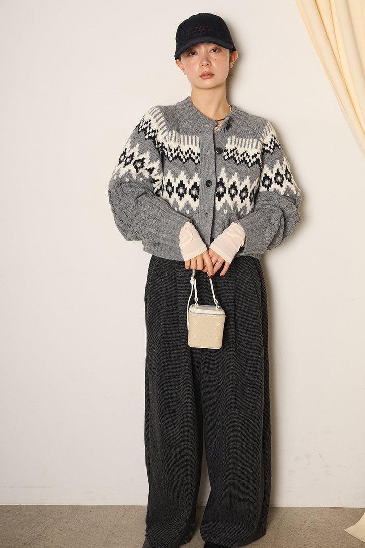 [SET]2WAY求心柄ジャガードショートカーディガン+起毛タック入りツイードワイドパンツ(2set)