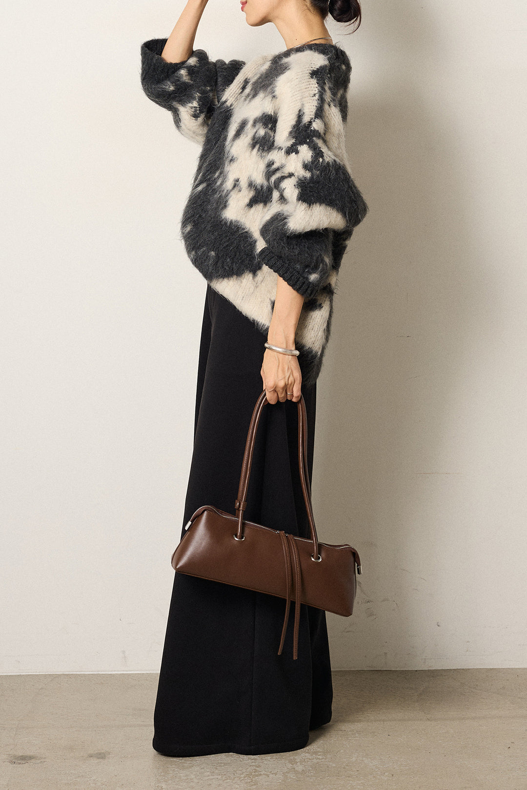 [SET]モヘアタッチマーブルニット+サイドベルトパンツ(2set)