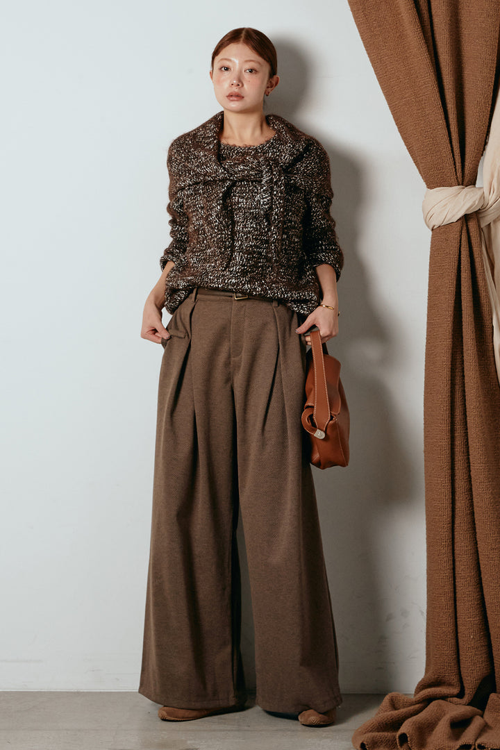 [SET]スカーフ付きミックスニットトップス+細ベルト付き起毛タックワイドパンツ(2set)