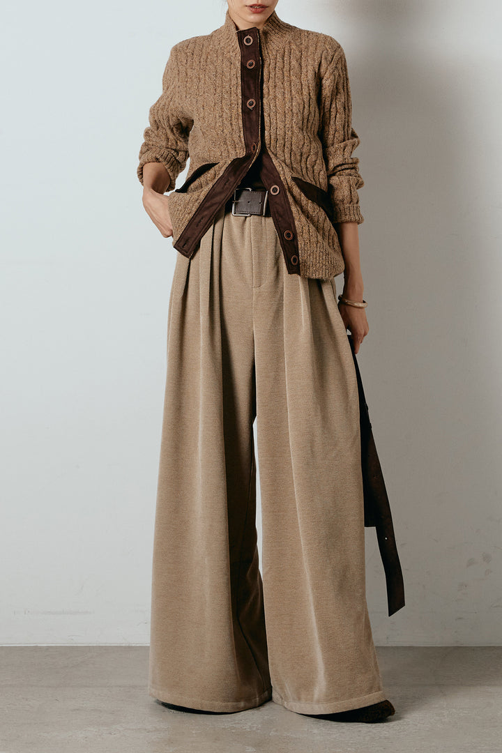 [SET]ボトルネックケーブルニットカーディガン+ベルトループコーデュロイワイドパンツ(2set)