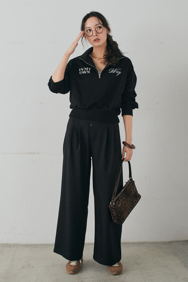 [SET]裏毛ロゴ刺繍ハーフZIPスウェット+斜めボタンタック入りスラックス(2set)