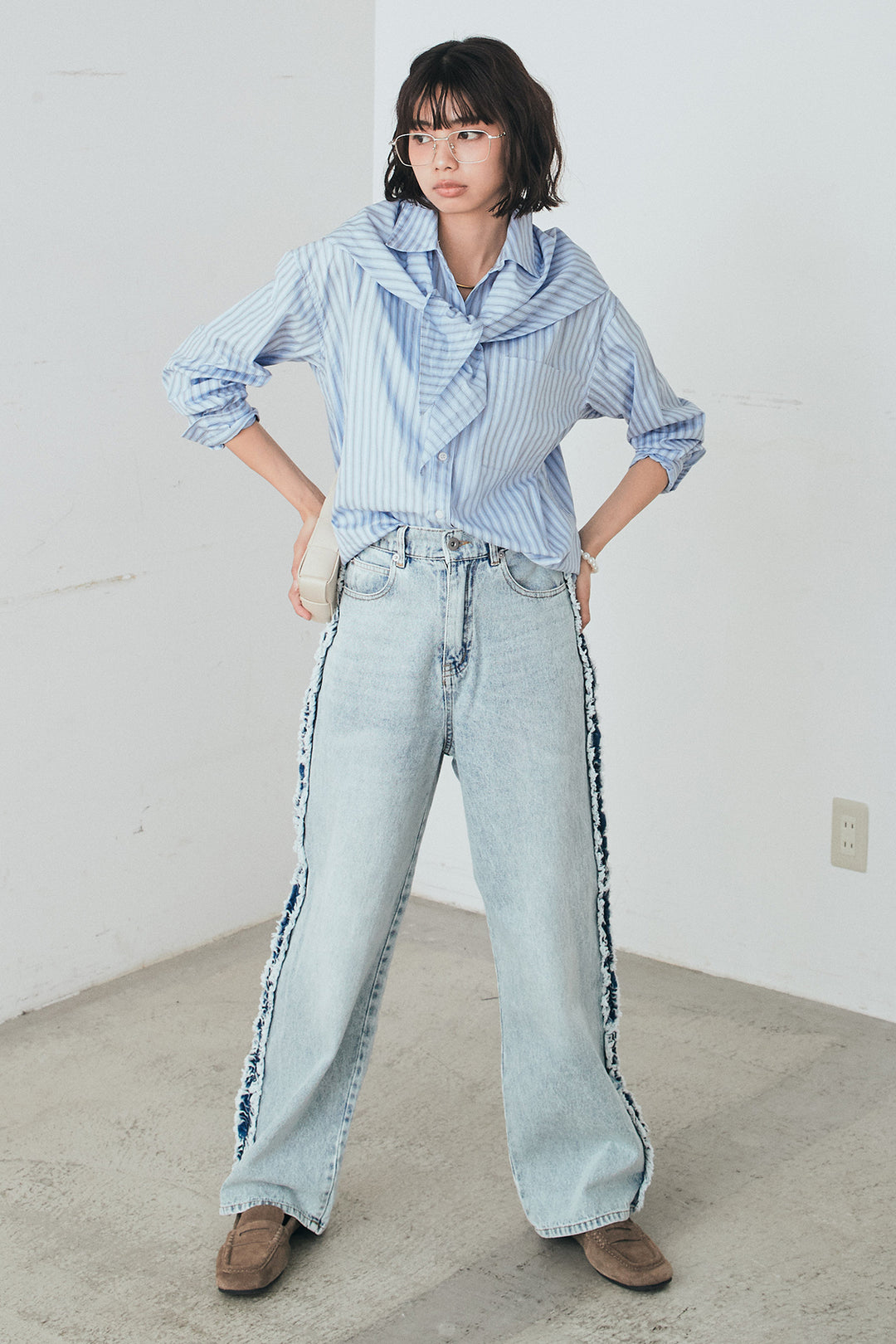 [SET]ランダムストライプスカーフ付きシャツ+デニムサイドフリルパンツ(2set)