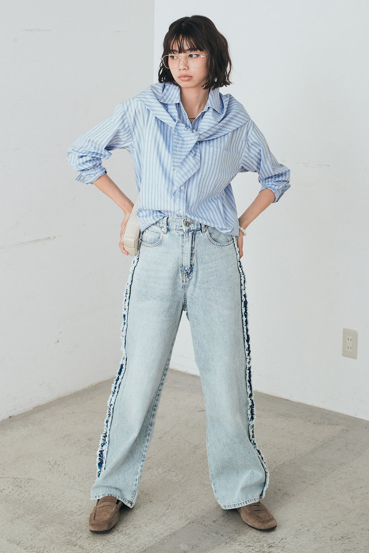 [SET]ランダムストライプスカーフ付きシャツ+デニムサイドフリルパンツ(2set)