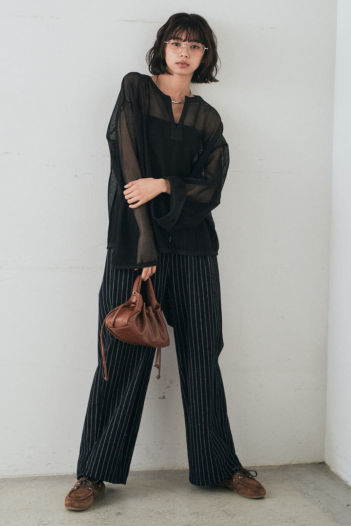 [SET]メッシュカットソースキッパープルオーバー+リネンライクストライプタックイージーパンツ(2set)