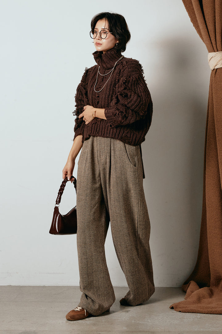 [SET]フリンジタートルショートニット+クラシックヘリンボーンサロペット(2set)