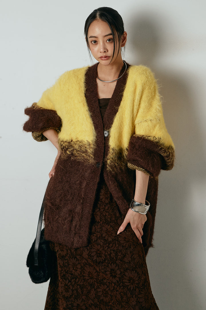 [SET]起毛グラデーションニットカーディガン+花柄刺繍ベロアフレアスカート(2set)