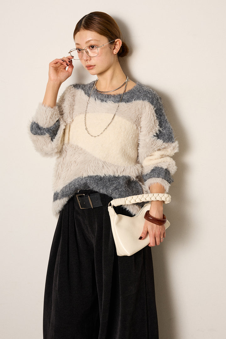 [SET]シャギーウェーブ柄クルーネックニットトップス+ベルトループコーデュロイワイドパンツ(2set)