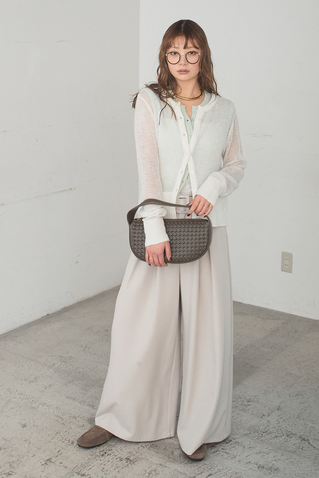 [SET]モヘア透かし編みレイヤードアンサンブルセット+ベルト付きツータックワイドパンツ(2set)