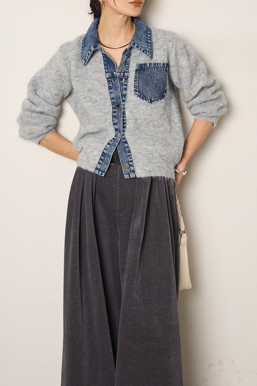 [SET]襟付きデニム切替ニットカーディガン+ベルトループコーデュロイワイドパンツ(2set)