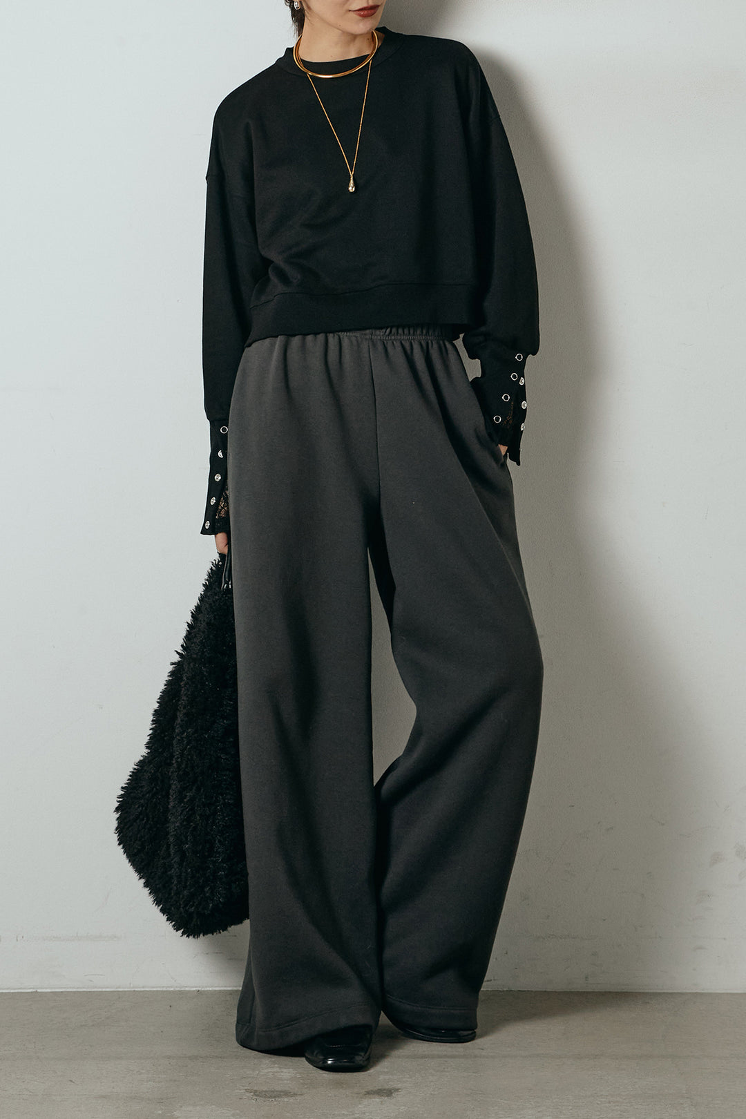 [SET]裏毛バックオープンプルオーバー+ストレッチレースクルーネックインナー(2set)