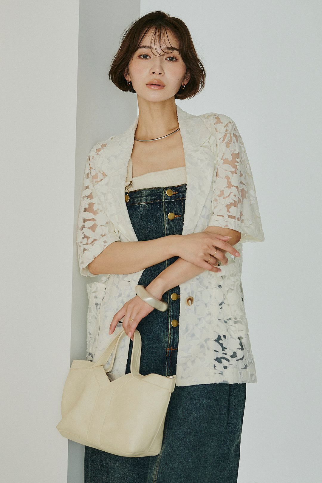 [SET]シアージャガードハーフスリーブテーラードジャケット+配色ショルダーデニムサロペットスカート(2set)