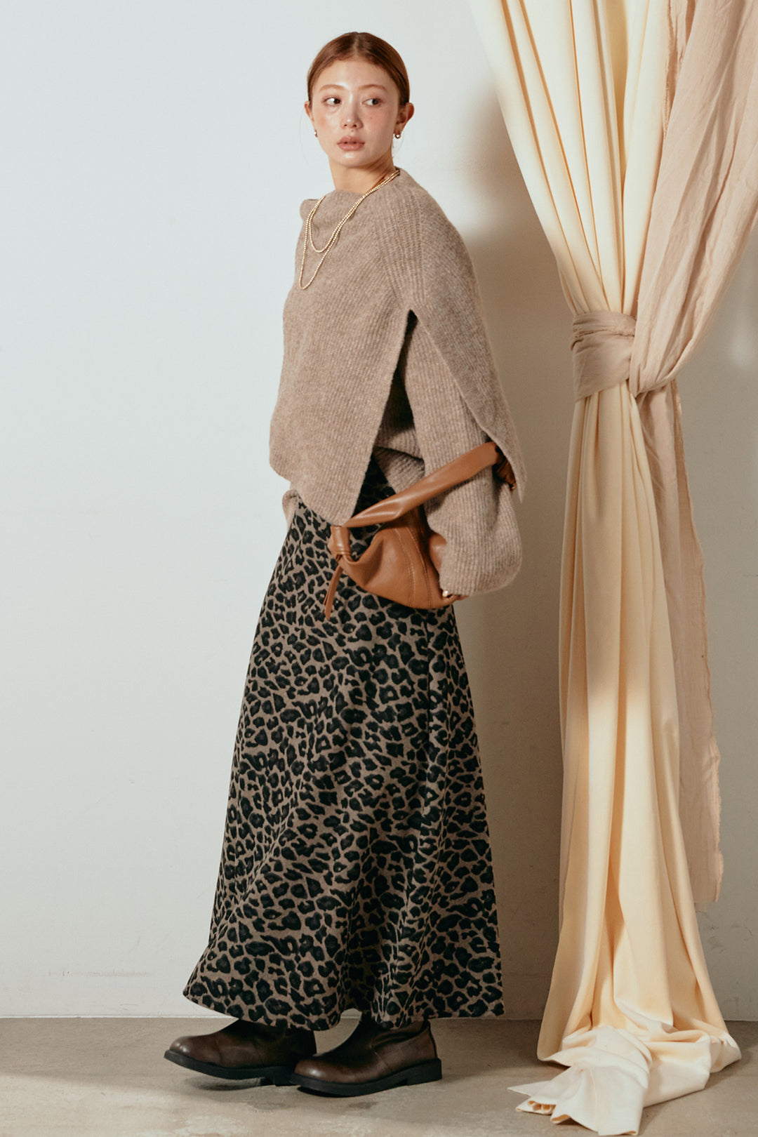 [SET]ケープデザインリブニットトップス+レオパードロングスカート(2set)