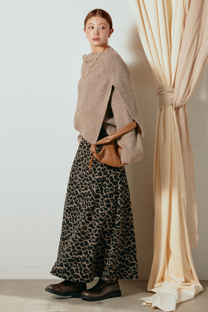 [SET]ケープデザインリブニットトップス+レオパードロングスカート(2set)