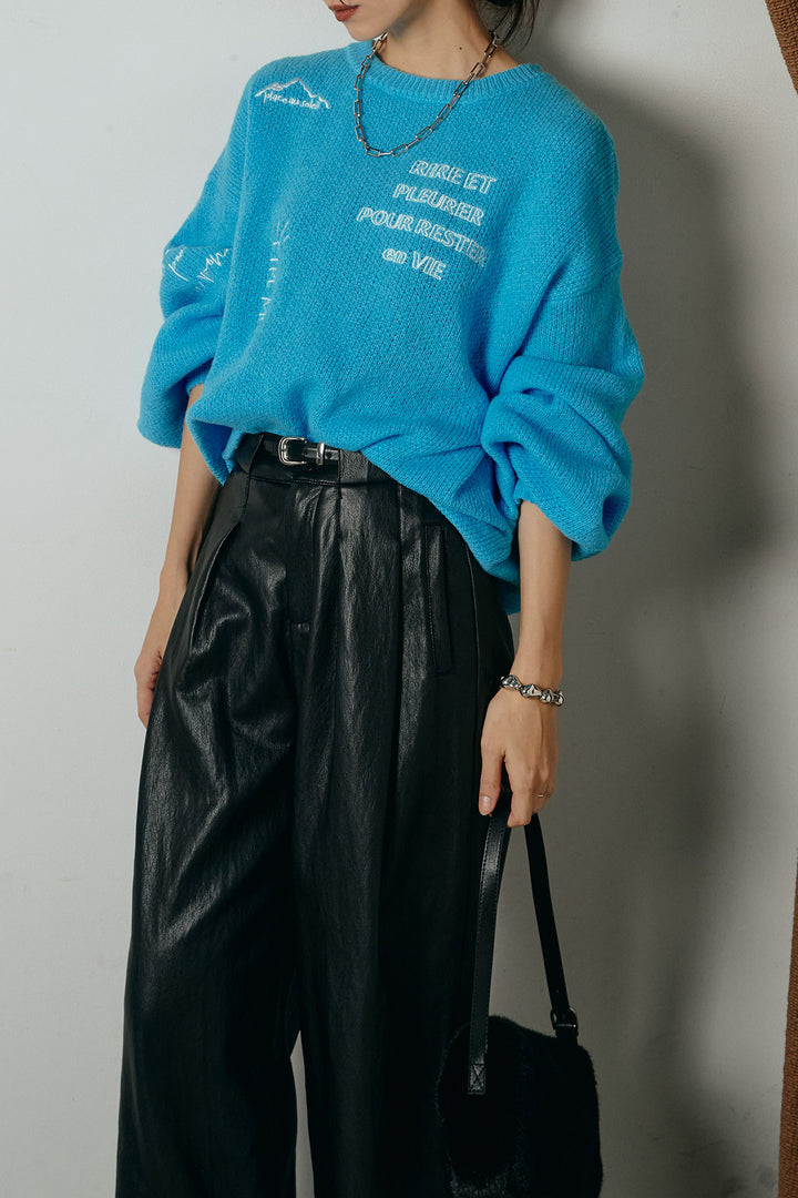 [SET]刺繍ロゴランダムデザインニットトップス+ベルト付きレザーライクタックパンツ(2set)