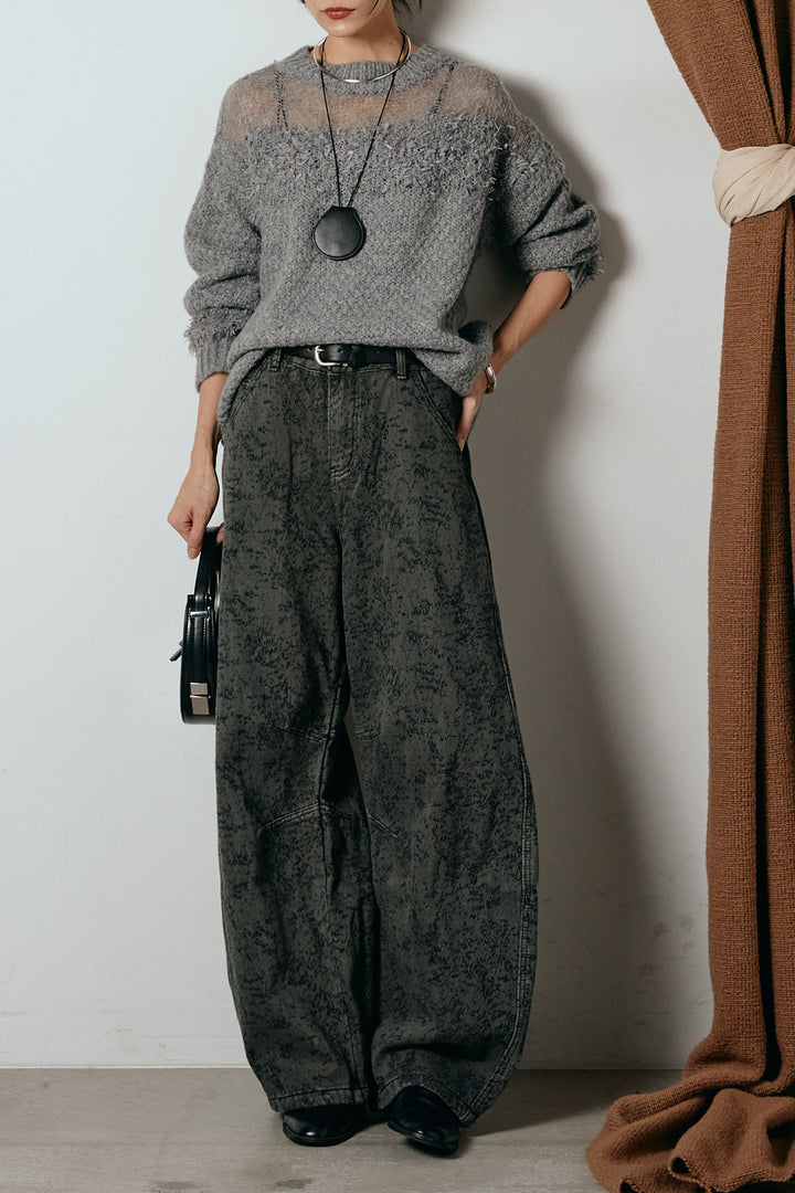 [SET]パターンランダム編みニットトップス+ベルト付きニュアンス柄カーブワイドパンツ(2set)