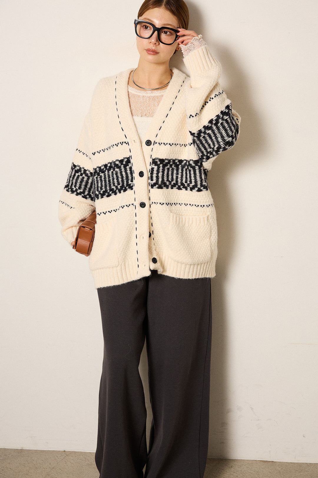 [SET]ライン柄ステッチニットカーディガン+裏起毛スウェットワイドパンツ(2set)