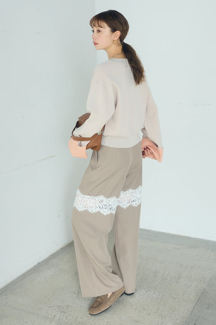 [SET]レーヨンポリダブルフェイスカーディガン+レース刺繍切替ワイドパンツ(2set)