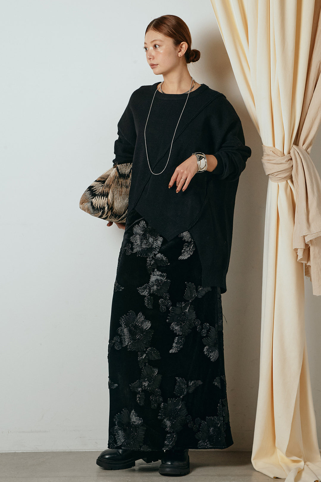 【着回しセット】[SET]アシンメトリーデザインニットトップス+センターラインニットパンツ+フラワー刺繍ワイドスカート(3set)