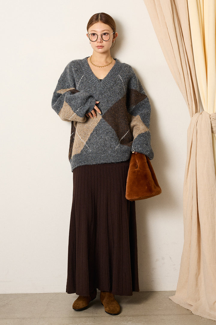 [SET]ルーズアーガイルVネックニット+編み地切り替えフレアニットスカート(2set)