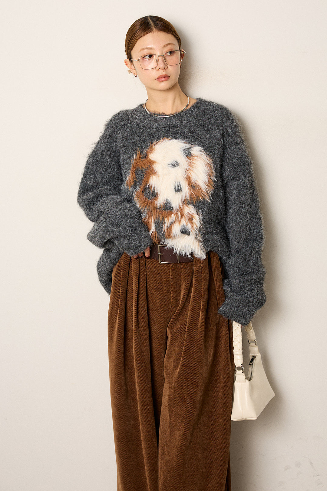 [SET]シャギーニュアンスアニマルニット+ベルトループコーデュロイワイドパンツ(2set)