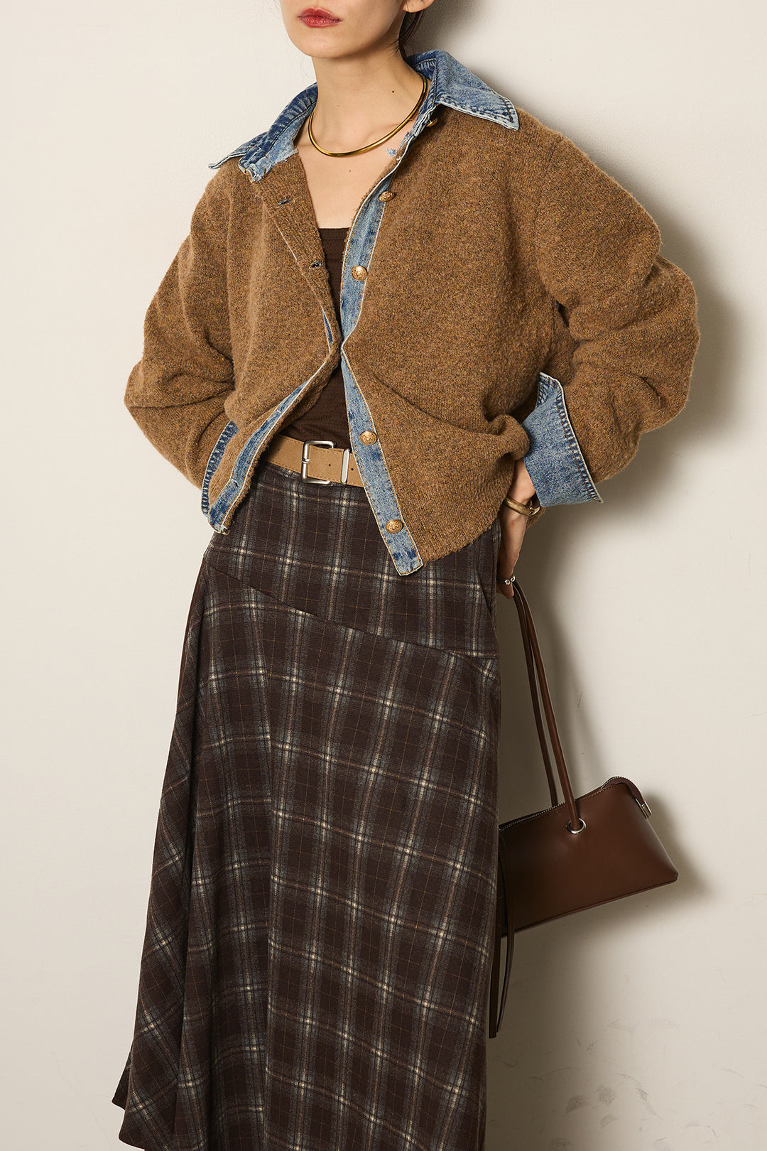 [SET]ニットドッキングデニムシャツ+フェイクレザーサイドベルトワイドパンツ+フェイクレザーベルト付き切り替えタータンチェックスカート(3set)