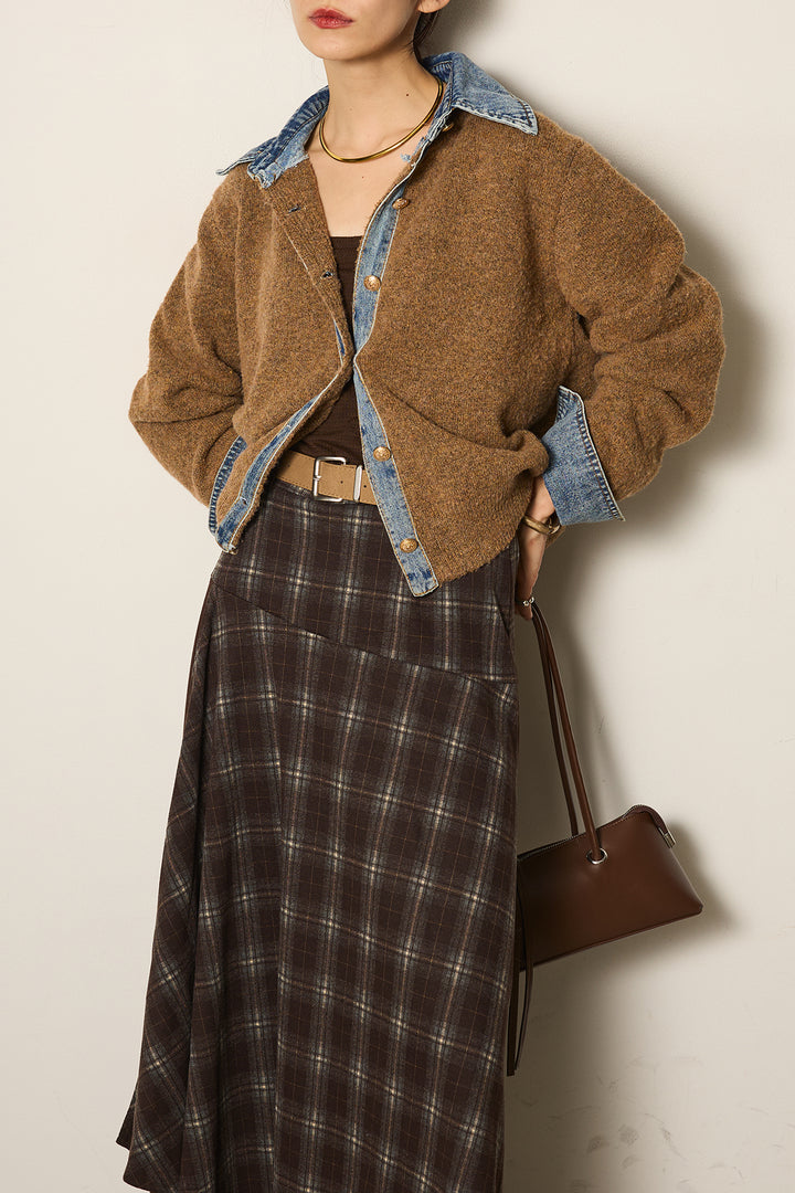 [SET]ニットドッキングデニムシャツ+フェイクレザーサイドベルトワイドパンツ+フェイクレザーベルト付き切り替えタータンチェックスカート(3set)