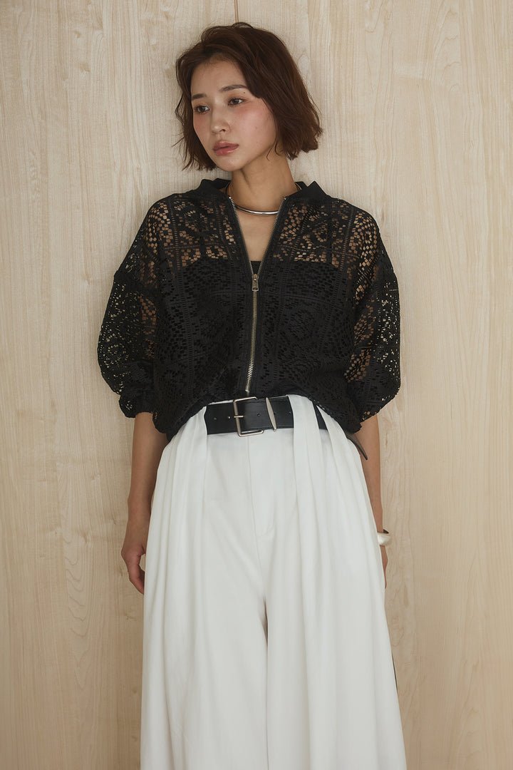 [SET]幾何レースブルゾン+ベルト付きビックループワイドパンツ(2set)