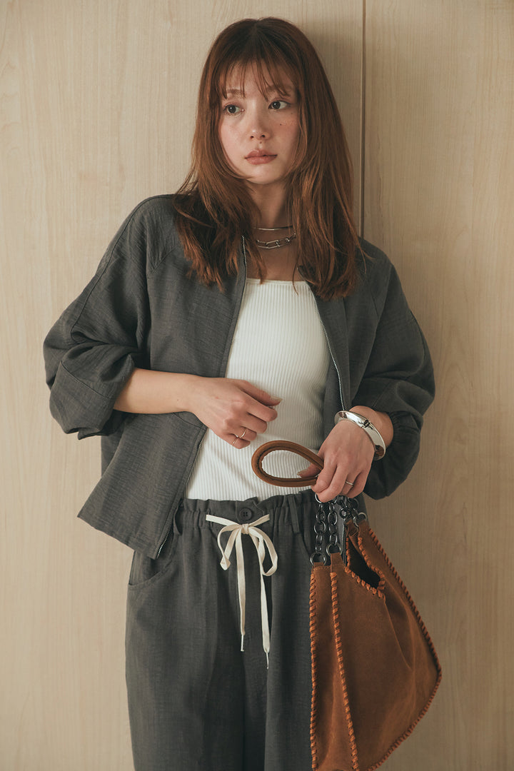 [SET]麻混ノーカラーブルゾン+麻混ウエストドロストパンツ(2set)