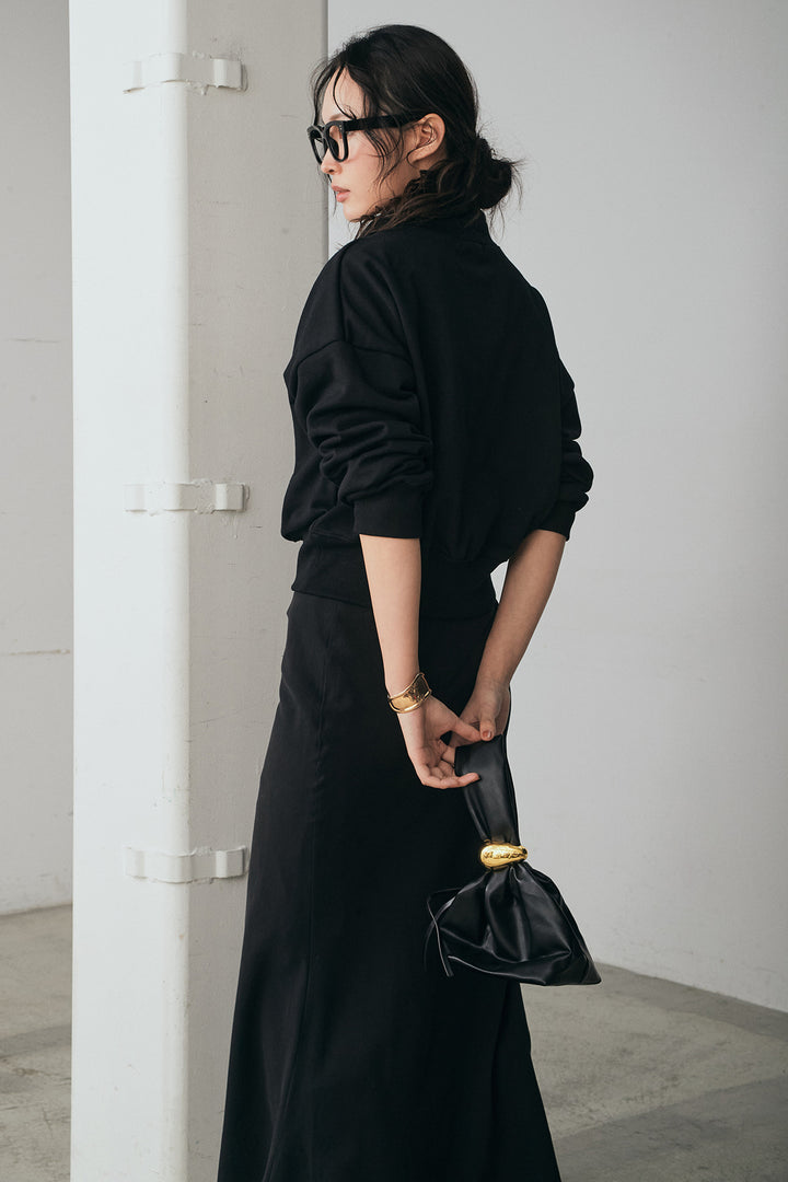 [SET]裏毛ロゴ刺繍ハーフZIPスウェット+刺繍レースデザインサテンスカート(2set)