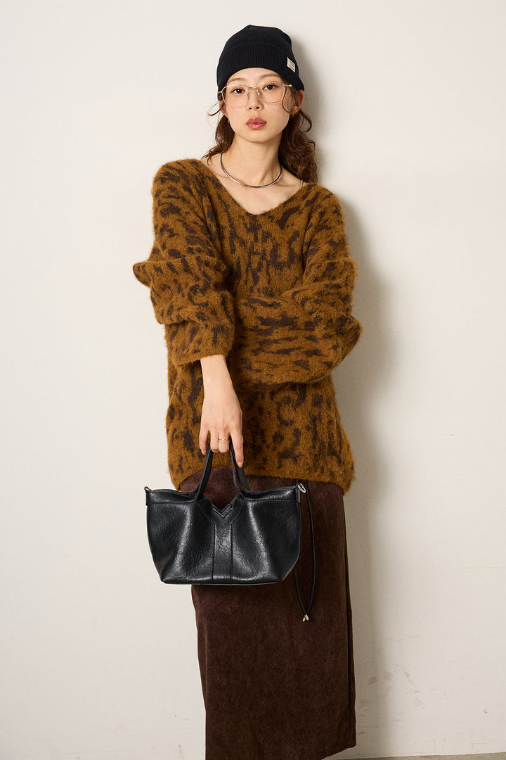 [SET]フラッフィーレオパードシャギーニット+ロープベルト付きスウェード調スカート(2set)