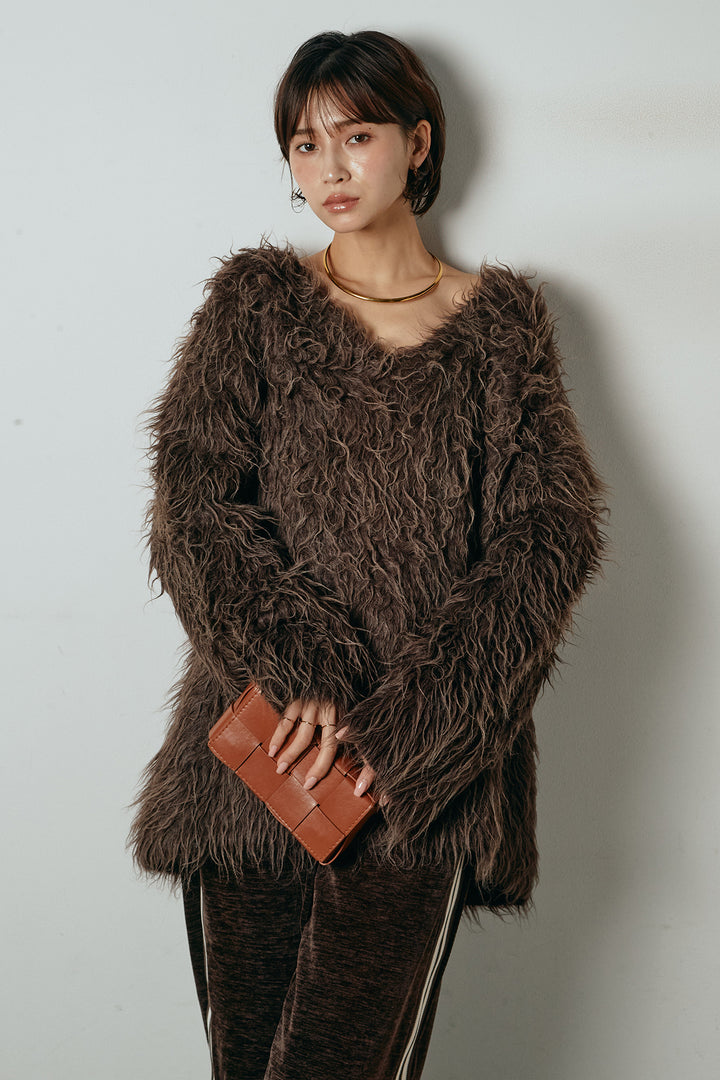 [SET]深Vネックシャギーニットトップス+リラックスサイドラインベロアワイドパンツ(2set)