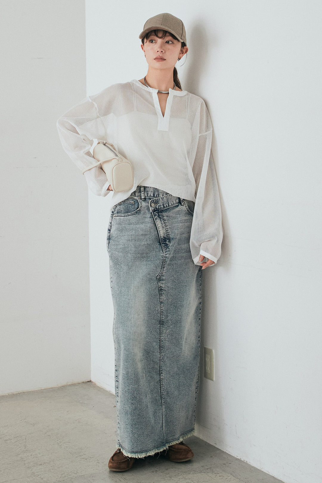 [SET]メッシュカットソースキッパープルオーバー+ウエストクロスデニムタイトスカート(2set)