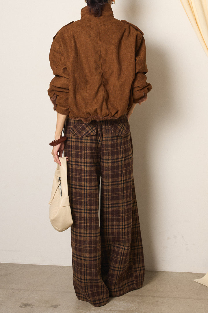 [SET]スタンド襟スウェードライクアウター+スタッズデザインベルトタータンチェックパンツ(2set)