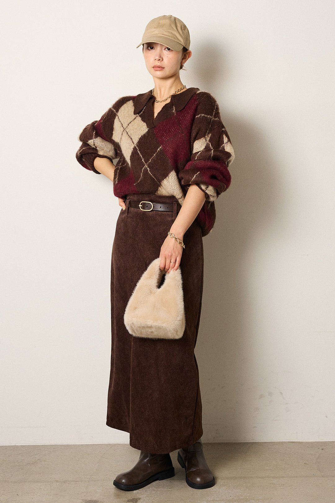 [SET]アクリルモヘアアーガイルキーネックプルオーバー+ロープベルト付きスウェード調スカート(2set)
