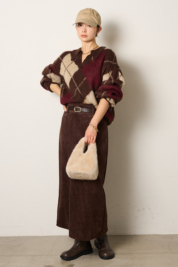[SET]アクリルモヘアアーガイルキーネックプルオーバー+ロープベルト付きスウェード調スカート(2set)