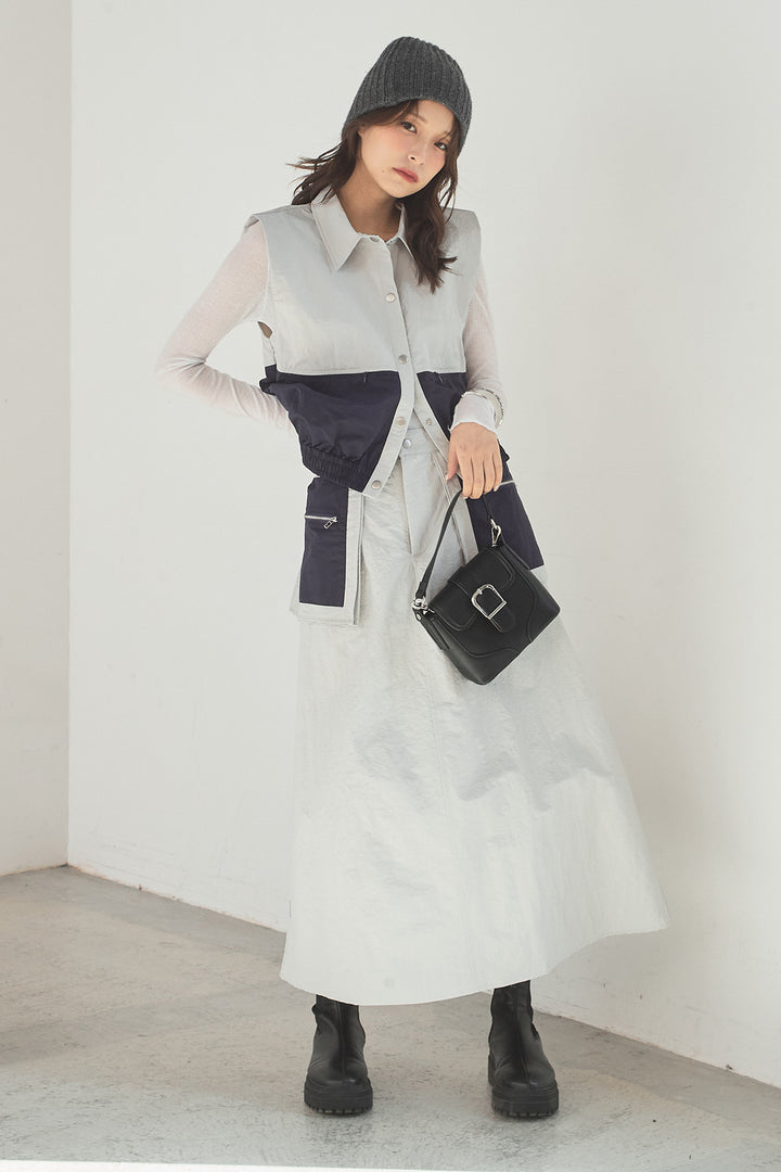 [SET]襟付きナイロンベスト+サイドデザインナイロンスカート(2set)